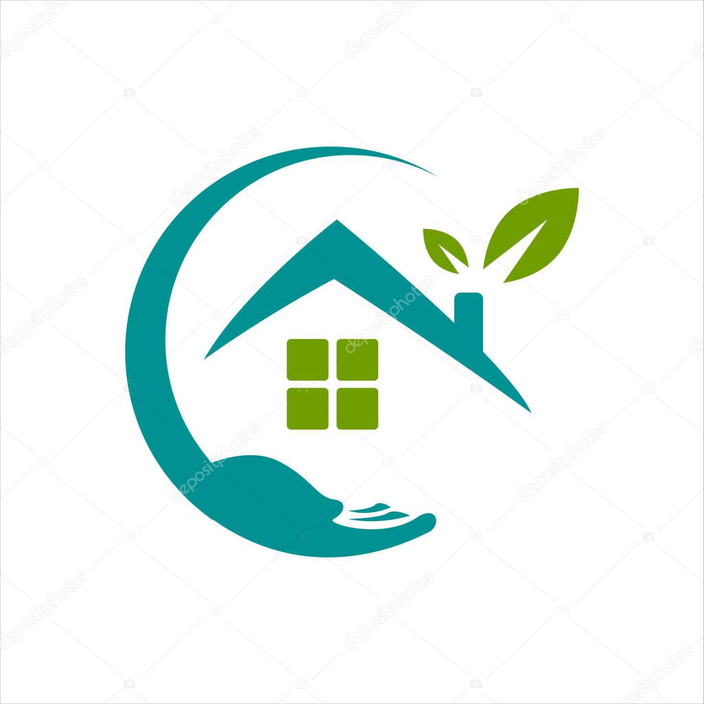 Home care logo design vector. leaf hand and house symbol graphic concep