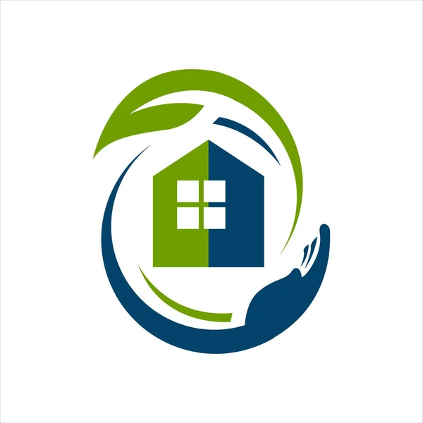 Cuidado en el hogar logo diseño vector. hoja de mano y casa símbolo gráfico — Vector de stock