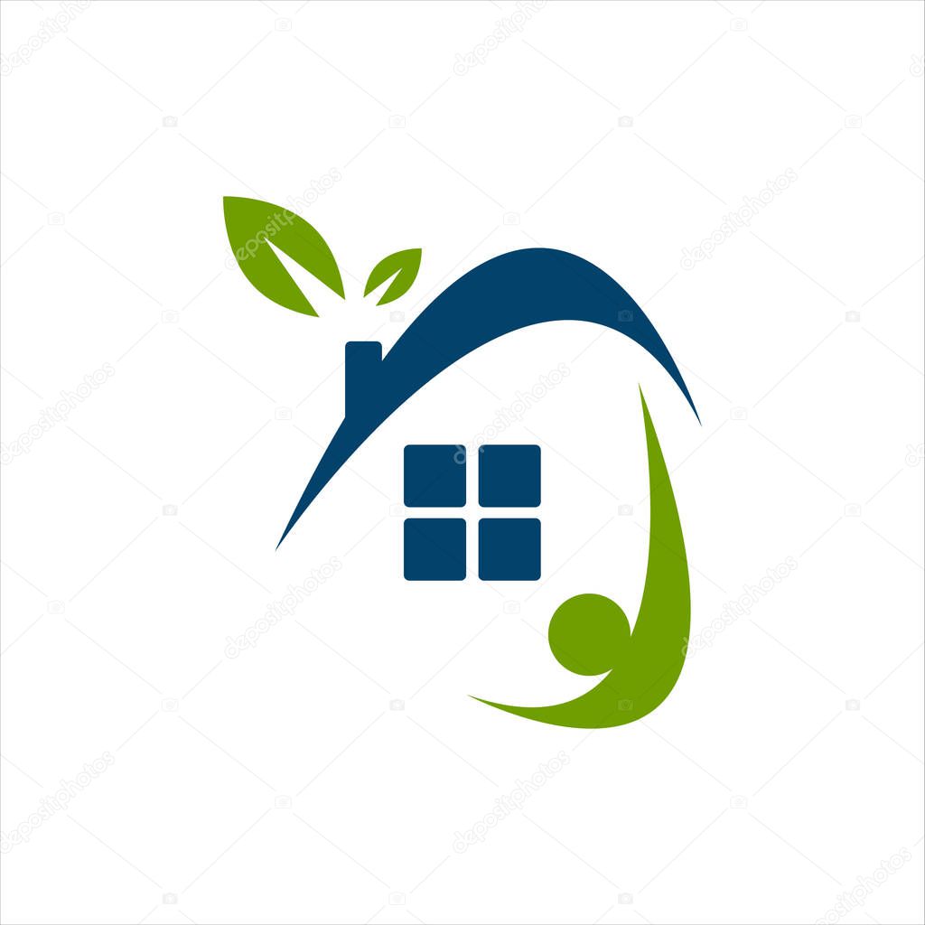 Home care logo design vector. leaf hand and house symbol graphic concep