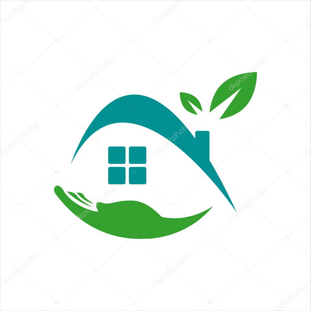 Home care logo design vector. leaf hand and house symbol graphic concept
