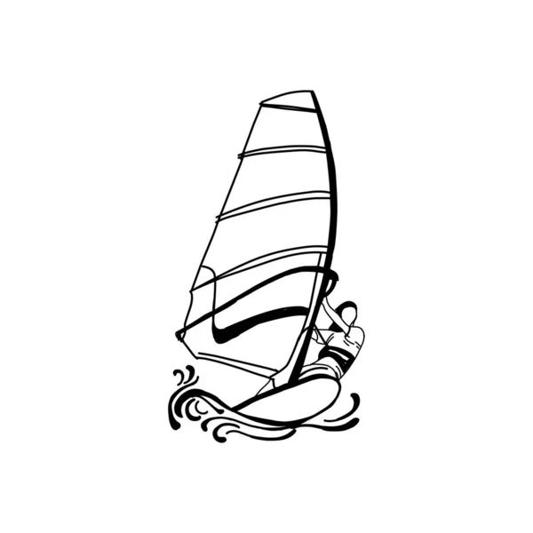 Rüzgâr sörfü ve dalgalarda rüzgar sörfçüsü, el çizimi, — Stok Vektör