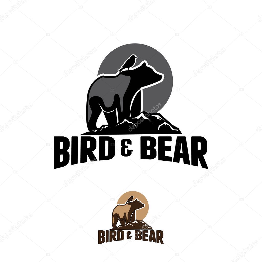 Vector logo, bear with birds in vintage style design illustration