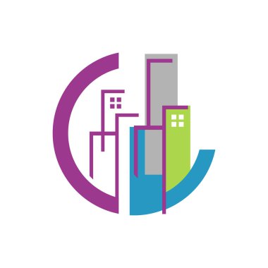 Moda örtüşen hat ve kare renkli bina logosu tasarımı