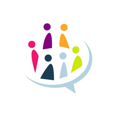 İnsanlar konuşma baloncuğu çember şeklinde sohbet ediyorlar.