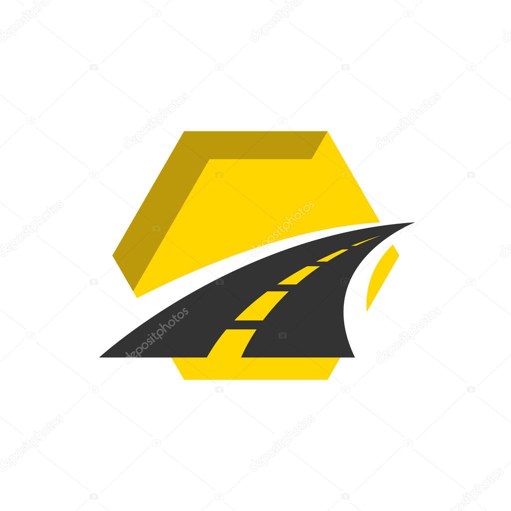 Road construction logo road maintenance creative sign concept. Paving design template vector icon idea with highway. Transportation and traffic theme.