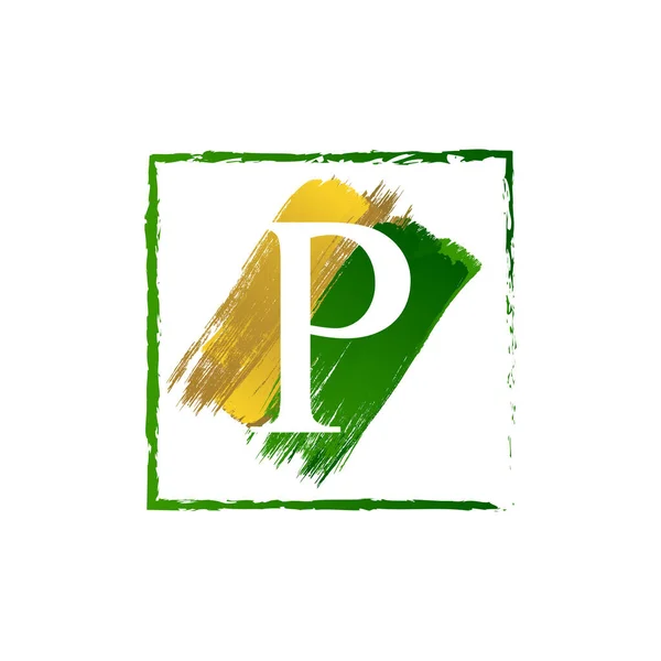 Elegante P goud en groene splash grunge alfabet logo letter — Stockvector