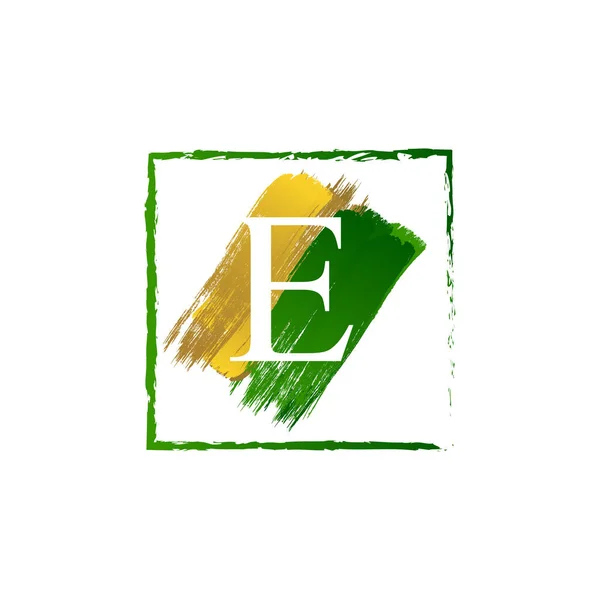 Elegante E ouro e verde splash grunge alfabeto logotipo letra —  Vetores de Stock