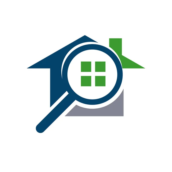 Finden Sie Home Logo. Suche Immobilien-Logo-Symbol mit Lupe — Stockvektor