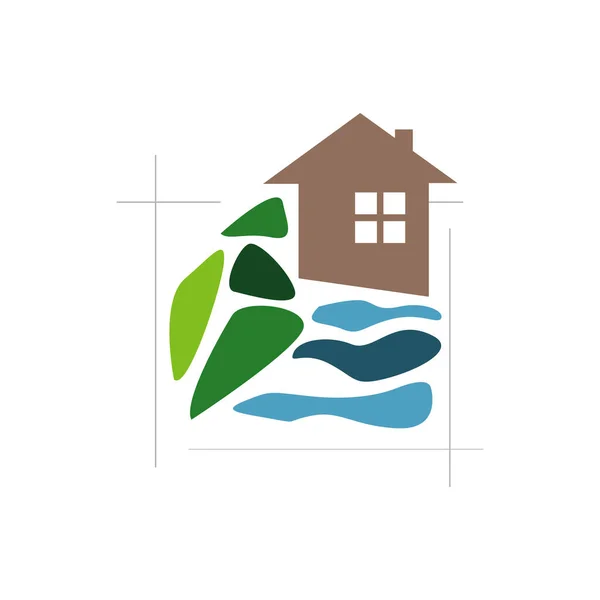 Gartenexperten Landschaftsgestaltung Logo-Design-Vektor. Rasen und Haus — Stockvektor
