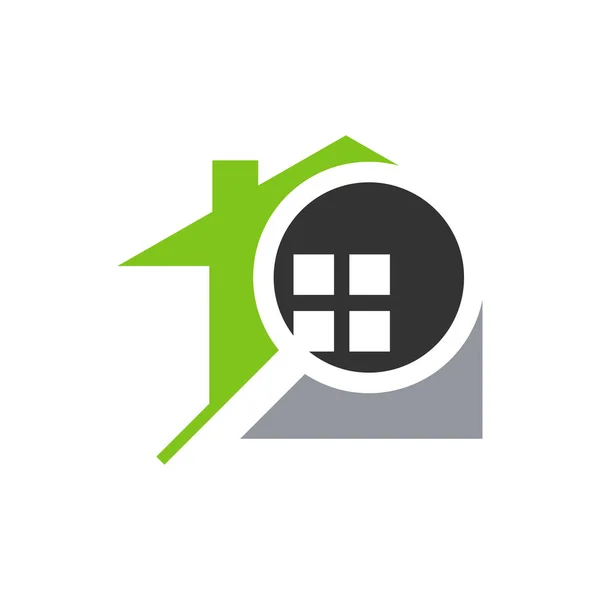 Finden Sie Home Logo. Suche Immobilien-Logo-Symbol mit Lupe — Stockvektor