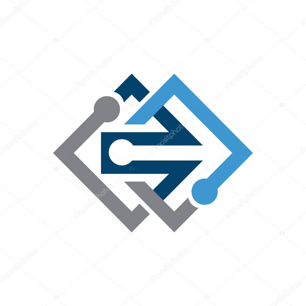 Encrypted data cyber security logo design vector. algoritm digital tech dots connection template