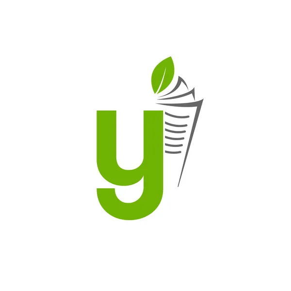 Carta inicial Y com forma de papel e folha em verde — Vetor de Stock
