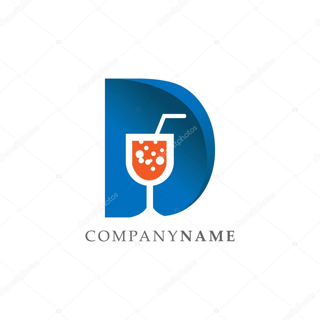 Initial letter D logo with soda glass drink in negative space logo style design image illustration