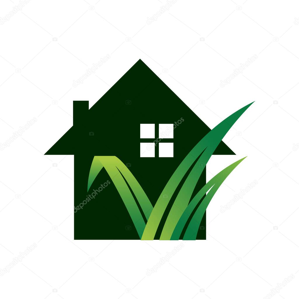 Gardening landscaping logo design vector lawn and house illustrations
