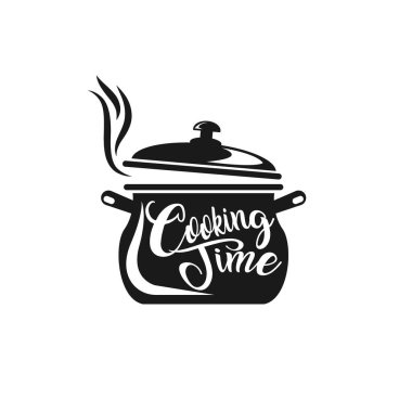 A large pot of soup. Logotype for culinary school with coated el