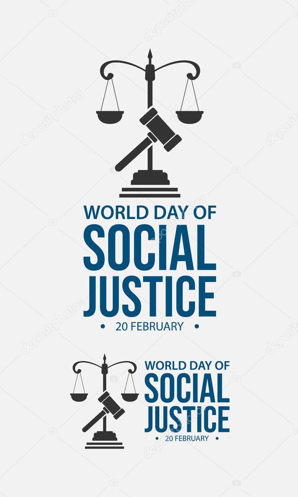 World day social justice on february 20 vector image. World justice day celebration with scale and hammer of justice icon vector