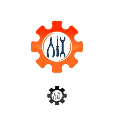 Gear and wrench icon. Red spanner and black cog. Creative graphi