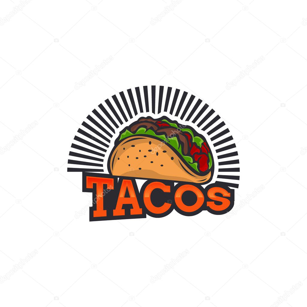 Tacos logo vector illustration. Hot dog sausage silhouette, good for restaurant menu and cafe badge. Vintage typography emblem design.