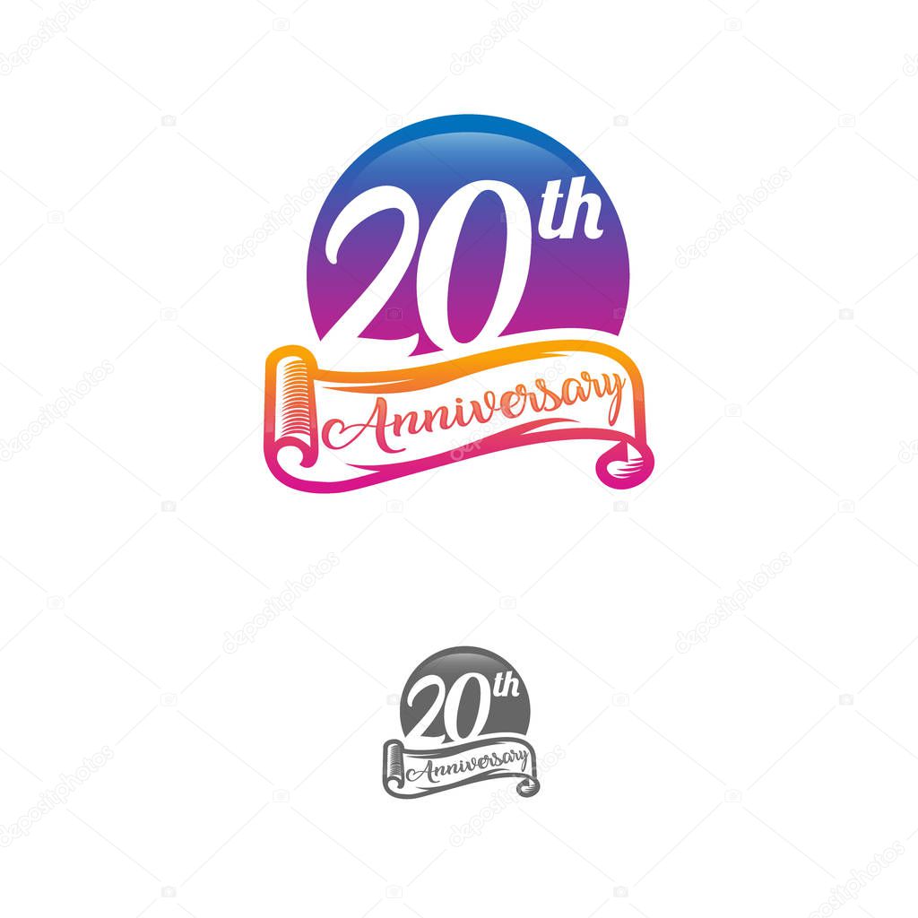 20 years anniversary logo template isolated on white, black and white stamp 20th anniversary icon label with ribbon