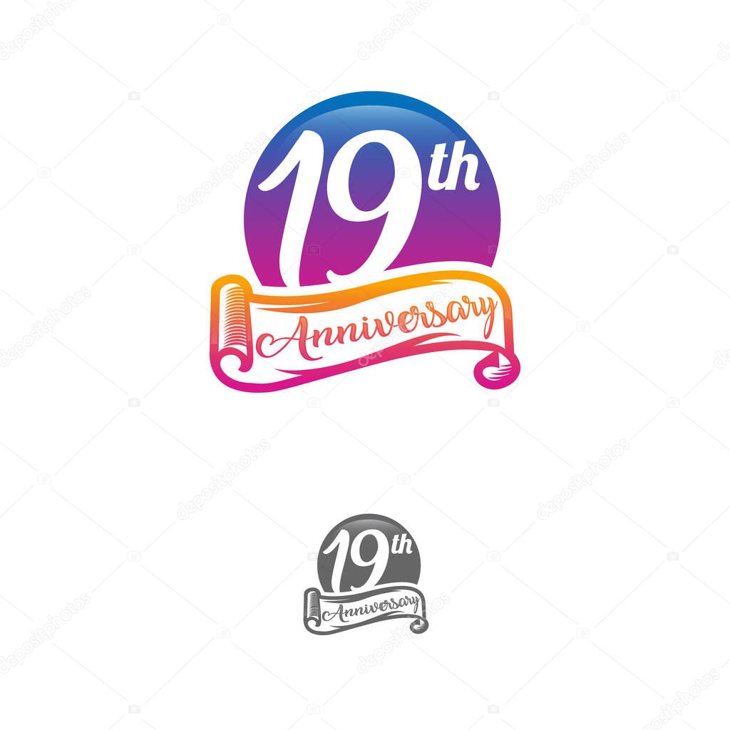 19 years anniversary logo template isolated on white, black and white stamp 19th anniversary icon label with ribbon