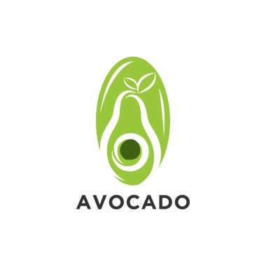 Avokado meyve logosu şablonu. Avokado yarısı yaprak vektör tasarımlı. Sağlıklı gıda logosu