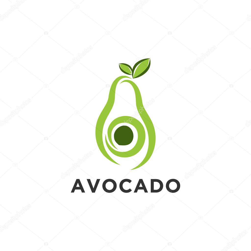 Avocado fruit logo template. Avocado half with leaf vector design. Health food logotype