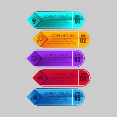 Beş aşamalı işlem kaydırma şablonu. İş verileri. Akış, diyagram, tasarım. Bilgi ve sunum için yaratıcı bir kavram. Pazarlama, pazarlama, üretim gibi konular için kullanılabilir