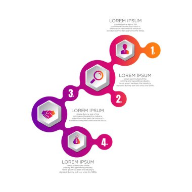 Dört basamaklı işlem kaydırma şablonu. İş verileri. Akış, diyagram, tasarım. Bilgi ve sunum için yaratıcı bir kavram. Pazarlama, pazarlama, üretim gibi konular için kullanılabilir