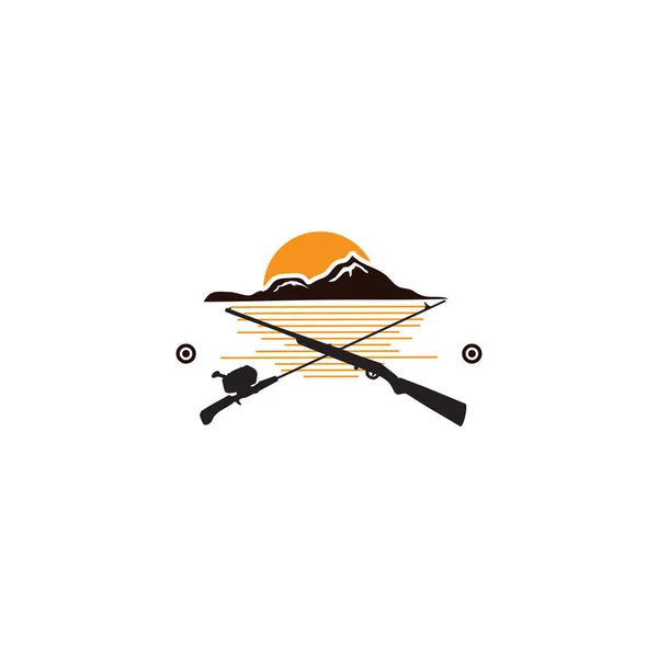 釣りのタックルと銃でヴィンテージ狩猟の問題 エレメントデザインのためのフラットデザインエンブレム ベクトル図 Eps Eps — ストックベクタ
