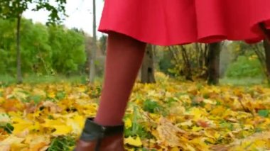 Kırmızı etekli yüksek topuklu Çizmeli kız yürüyor ve sarı akçaağaç yaprakları sonbaharda Park Fırlatma, yakın çekim