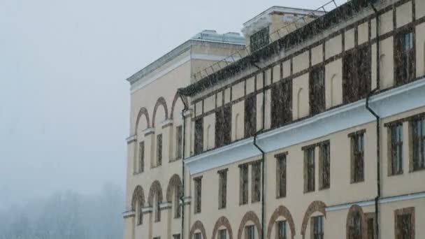 Крупные снежные хлопушки падают на фоне красивого здания, 4к . — стоковое видео