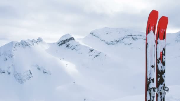 Горные лыжи на фоне снежных гор, 4K . — стоковое видео