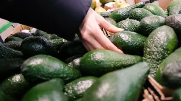 Mujer está eligiendo el aguacate en la tienda — Vídeo de stock