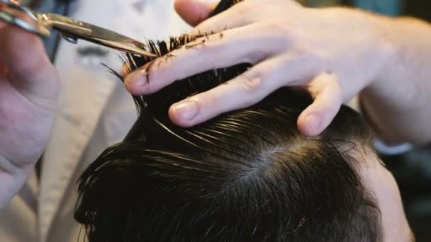 Hairdresser cuts hair to man in barbershop close-up — Stock Video