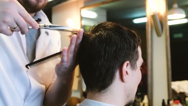 Coiffeur coupe un homme dans un salon de coiffure — Video