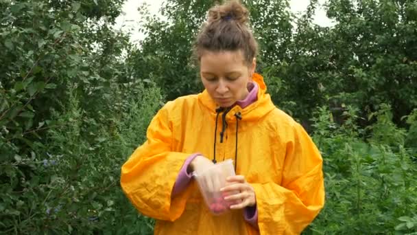 Mujer joven agricultora comiendo frambuesas frescas de un recipiente de plástico en el jardín en cámara lenta, plan medio — Vídeos de Stock