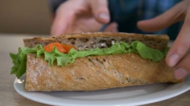 Erkeklerin elleri bir tabak lezzetli taze sandviçi balıklı ve yeşil marullu alır.