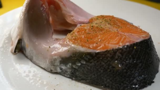 Человек посыпать большой кусок красной рыбы с различными специями — стоковое видео