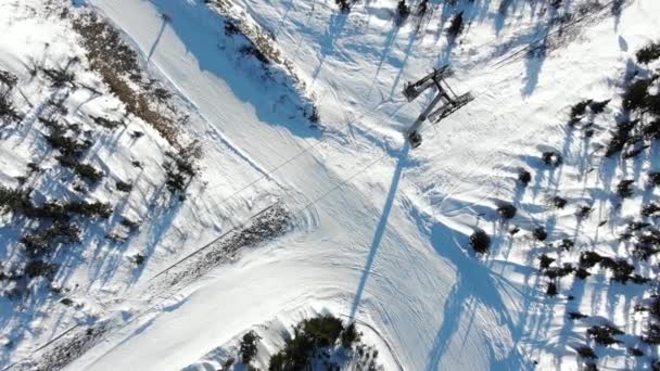 Nowoczesny wyciąg przesuwa się nad narciarzami na torze wśród drzew górnych — Wideo stockowe
