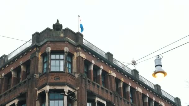 아름다운 갈색 건물의 모퉁이에서 네덜란드 국기를 흔들며 — 비디오