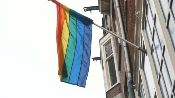 Building with bright colorful Pride flag hanging on facade — Stock Video