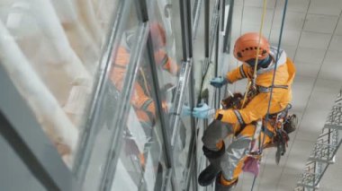 Miğferli endüstriyel tırmanışçı ve eldivenler yüksek binanın üst manzarasında camları siliyor