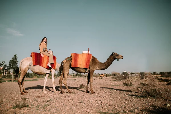 Young woman riding on camel