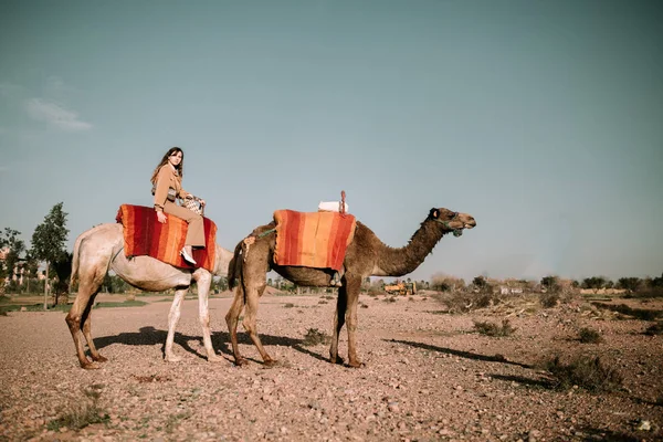 Young woman riding on camel