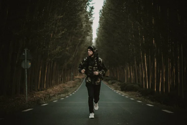 Young Backpacker Man Hiker Road — Stock Photo, Image