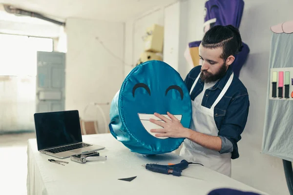 Young Craftsman Craft Workshop Customizing Carnival Costume Hipster Working His — Stock Photo, Image