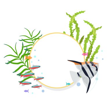 Vektör çerçeve kenarlığı renkli balıklar ve deniz yosunu ile