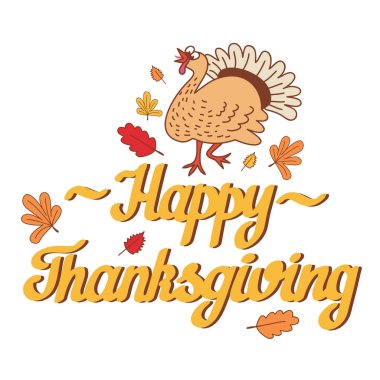 Vektör çizimi bir Happy Thanksgiving kutlama tasarım karikatür Türkiye ve sonbahar yaprakları ile