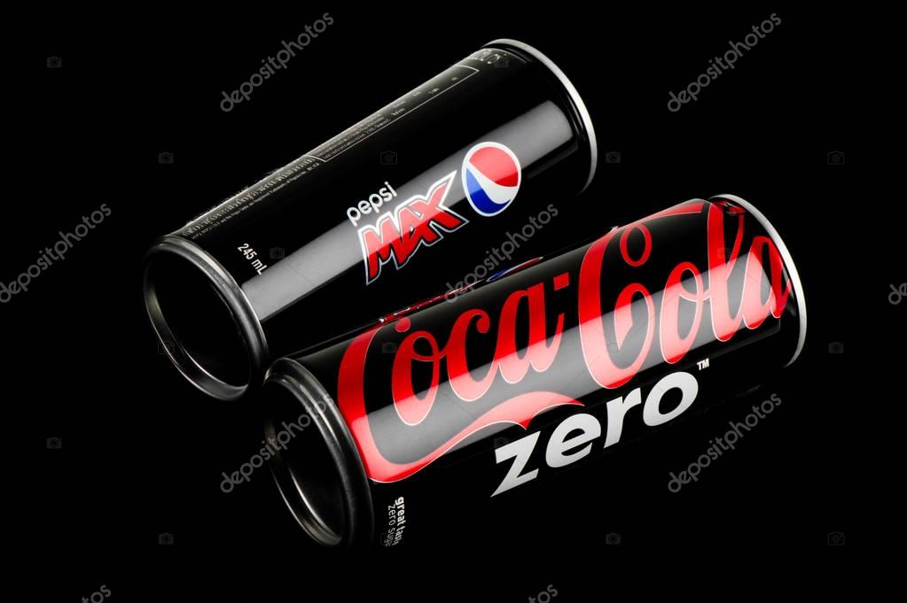 BANGKOK, THAILAND - APRIL 07, 2015: Coca-cola Zero can 325ml and Pepsi Max 245ml in Thailand. Coca-Cola and Pepsi are one of the world's favorite beverages.