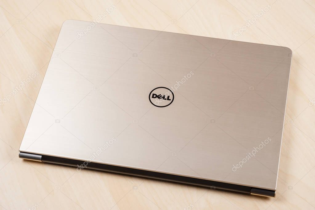 BANGKOK, THAILAND - FEBRUARY 02, 2016: Closeup Dell logo on back side of new Dell Vostro 5459 (Gold) notebook.